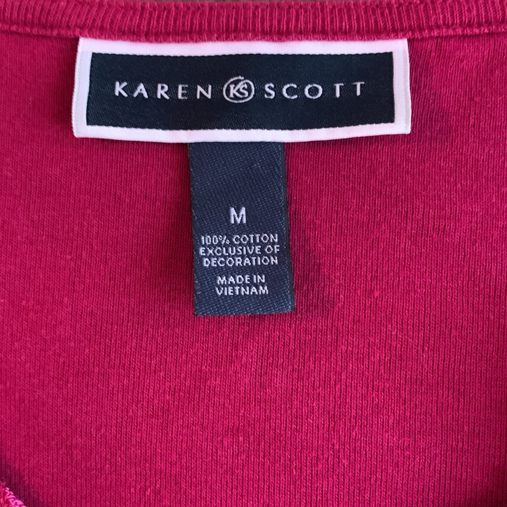 Karen Scott fushia, 3/4 length sleeves, v-neck sequined pullover top. Size M - Picture 2 of 5
